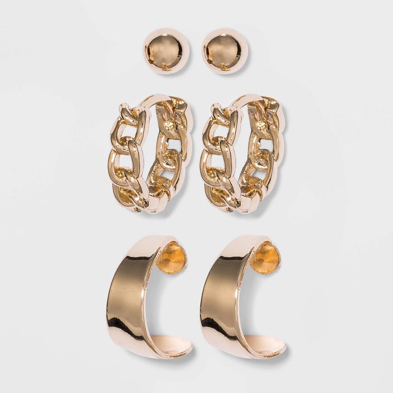 slide 1 of 2, Thick Hoop, Chain Hoop, and Gold Stud Earring Set 3pc - A New Day™ Gold: Copper, Brass, Nickel-Free Metal, 3 ct