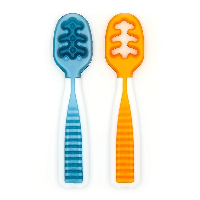 slide 1 of 9, NumNum Pre-Spoon GOOtensils Dual-Stage Utensil Set - Blue/Orange, 1 ct