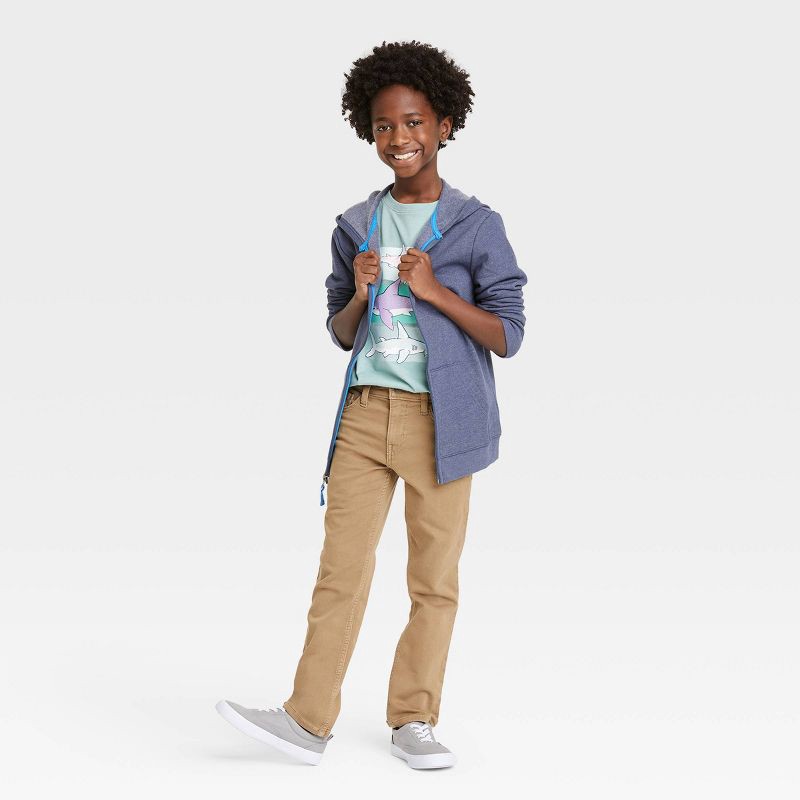 slide 3 of 3, Boys' Super-Stretch Slim Fit Jeans - Cat & Jack™ Khaki 8: Heavyweight Denim, Adjustable Strap, Mid Rise, 1 ct
