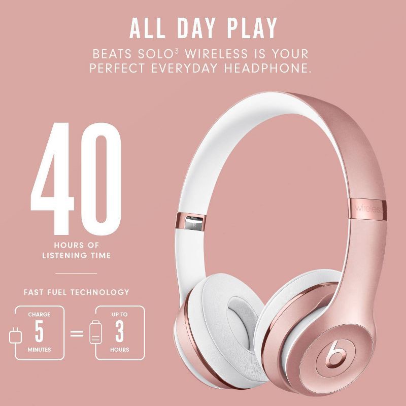 slide 9 of 10, Beats Solo³ Bluetooth Wireless All-Day On-Ear Headphones - Rose Gold, 1 ct