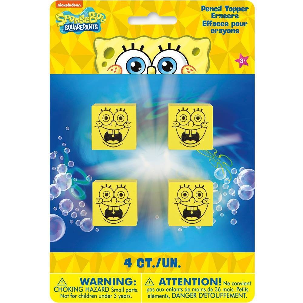 slide 1 of 3, SpongeBob SquarePants Pencil Topper Erasers, 4 ct