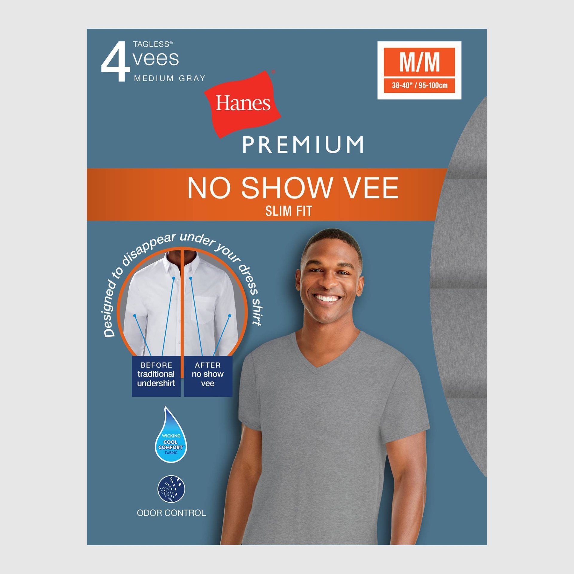 Hanes Premium Men's Slim Fit V-Neck T-Shirt Undershirt With Wicking FreshIQ  - Heather Gray S 4 ct