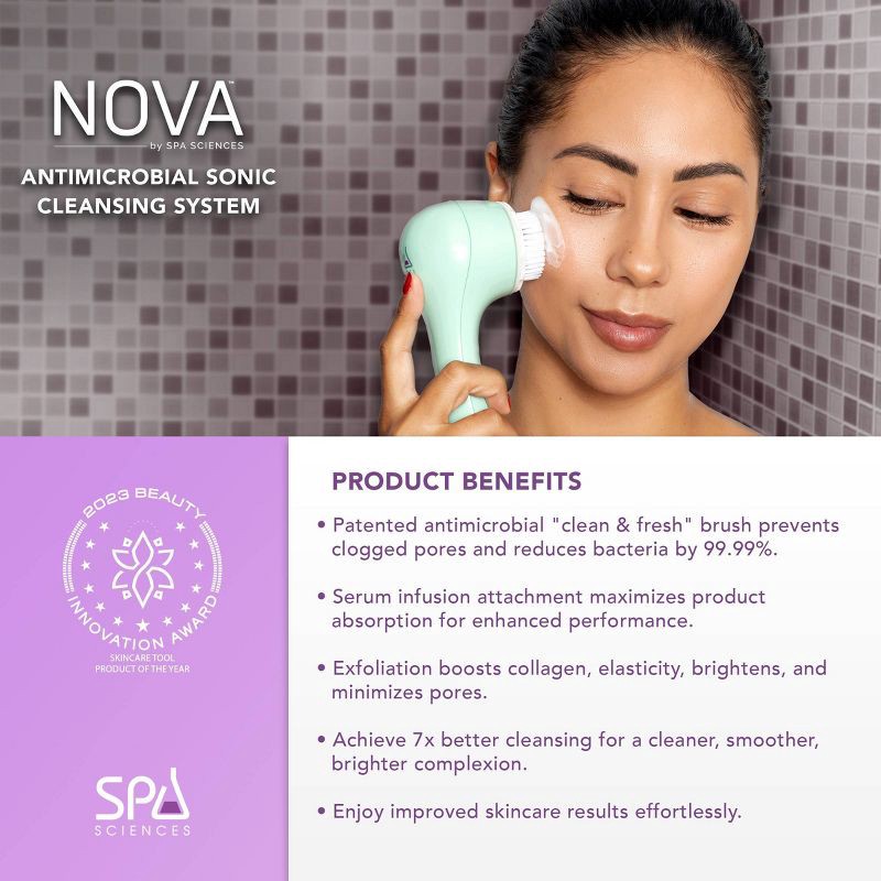 slide 3 of 10, Spa Sciences NOVA Sonic Facial Brush with Antimicrobial Brush Bristles & Serum Infuser - Mint, 1 ct