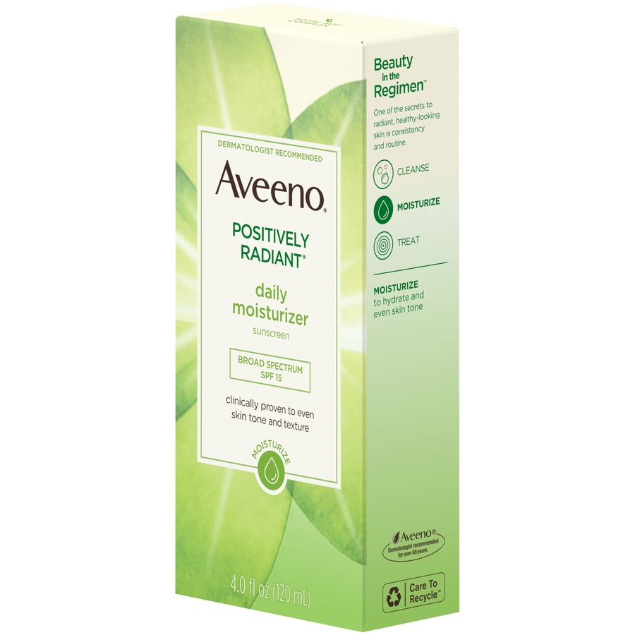 slide 3 of 6, Aveeno Positively Radiant Daily Facial Moisturizer with Broad Spectrum SPF 15 Sunscreen & Total Soy Complex for Even Tone & Texture, Hypoallergenic, Oil-Free & Non-Comedogenic, 4 oz