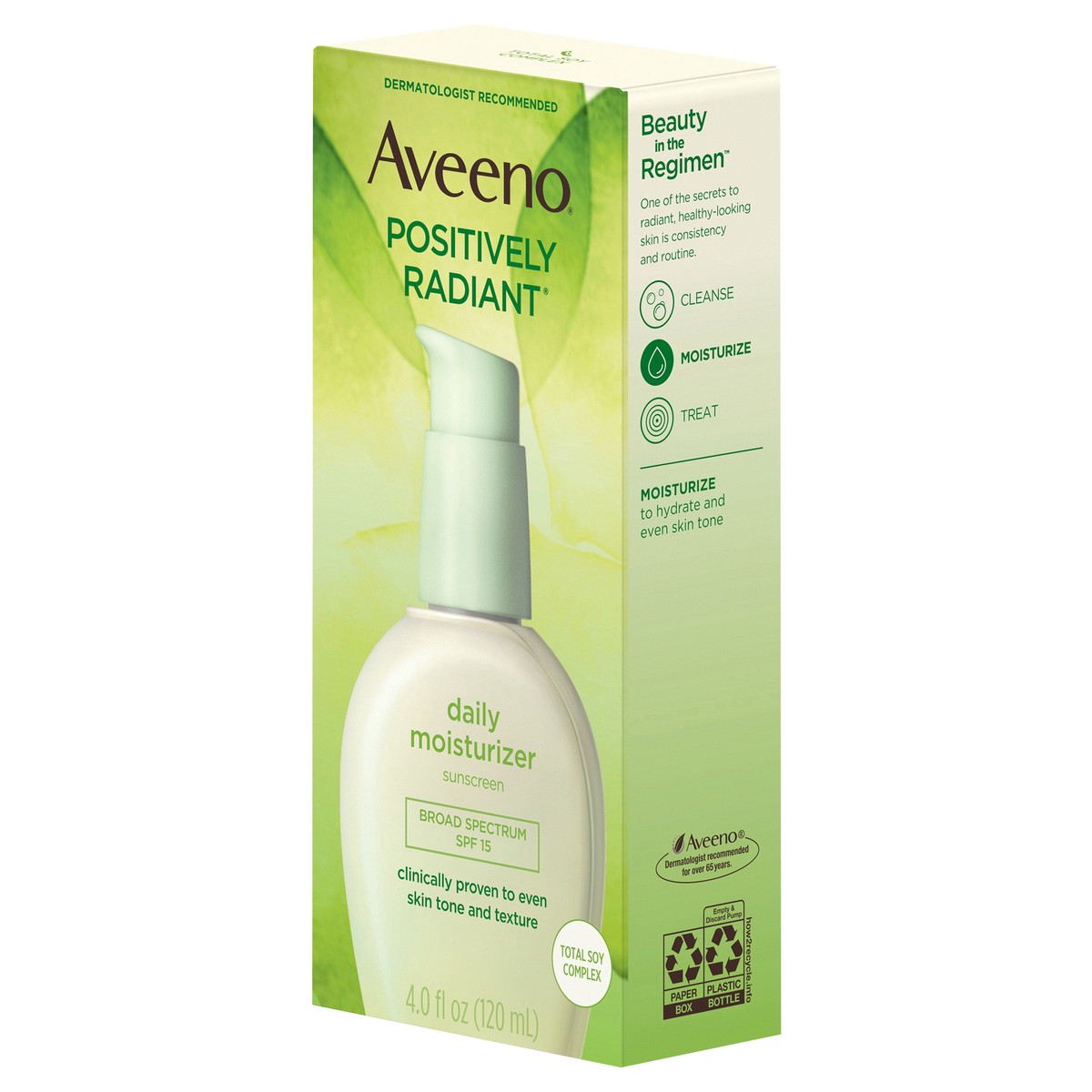 slide 6 of 7, Aveeno Positively Radiant Daily Facial Moisturizer with Broad Spectrum SPF 15 Sunscreen & Total Soy Complex for Even Tone & Texture, Hypoallergenic, Oil-Free & Non-Comedogenic, 4 fl. oz, 4 oz