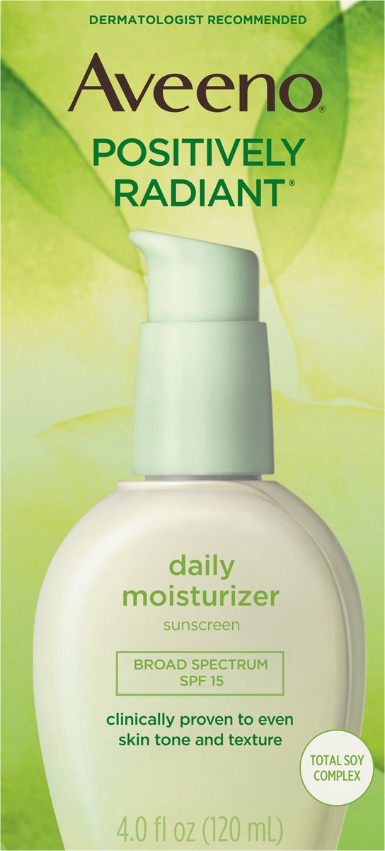 slide 3 of 7, Aveeno Positively Radiant Daily Facial Moisturizer with Broad Spectrum SPF 15 Sunscreen & Total Soy Complex for Even Tone & Texture, Hypoallergenic, Oil-Free & Non-Comedogenic, 4 fl. oz, 4 oz