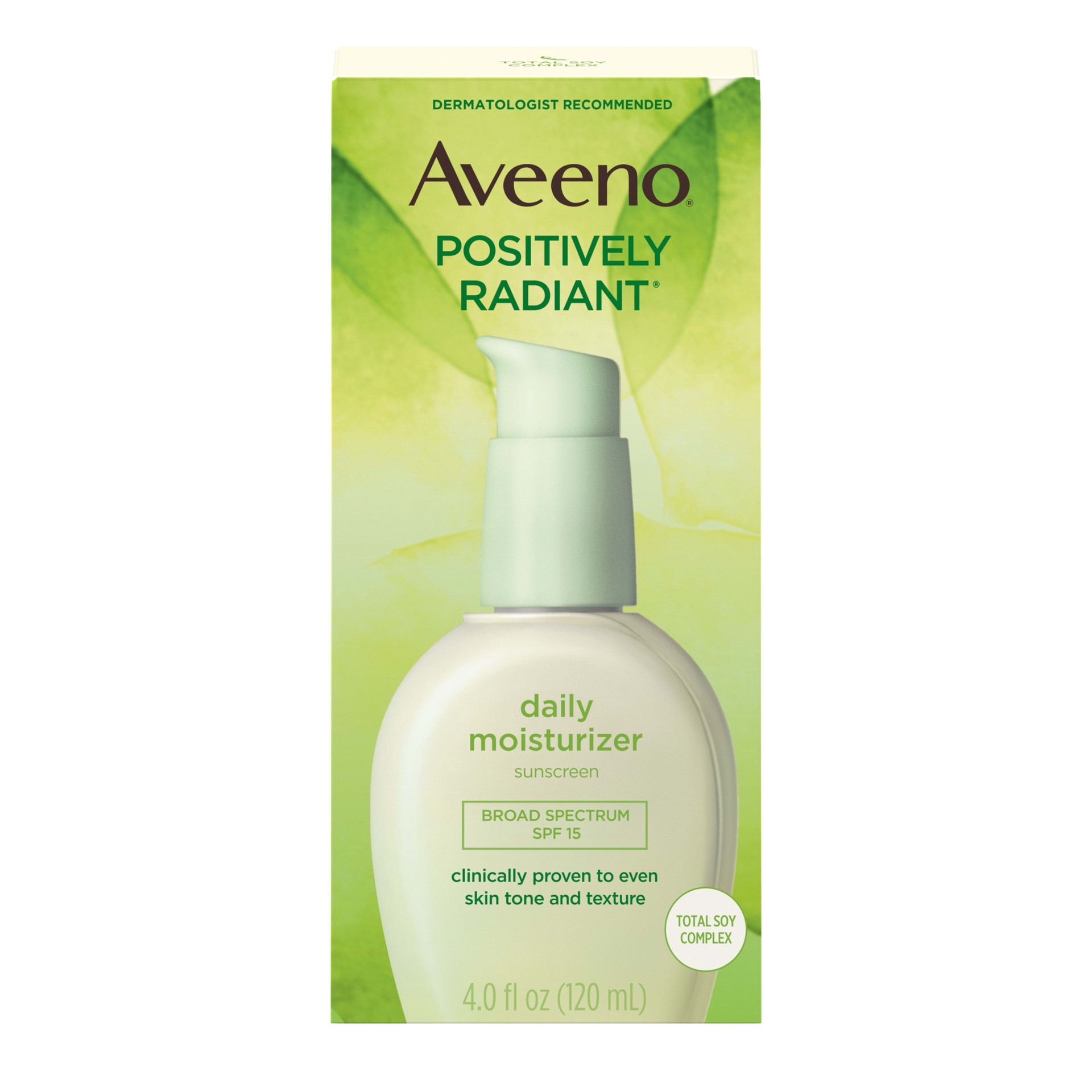 slide 1 of 7, Aveeno Positively Radiant Daily Facial Moisturizer with Broad Spectrum SPF 15 Sunscreen & Total Soy Complex for Even Tone & Texture, Hypoallergenic, Oil-Free & Non-Comedogenic, 4 fl. oz, 4 oz