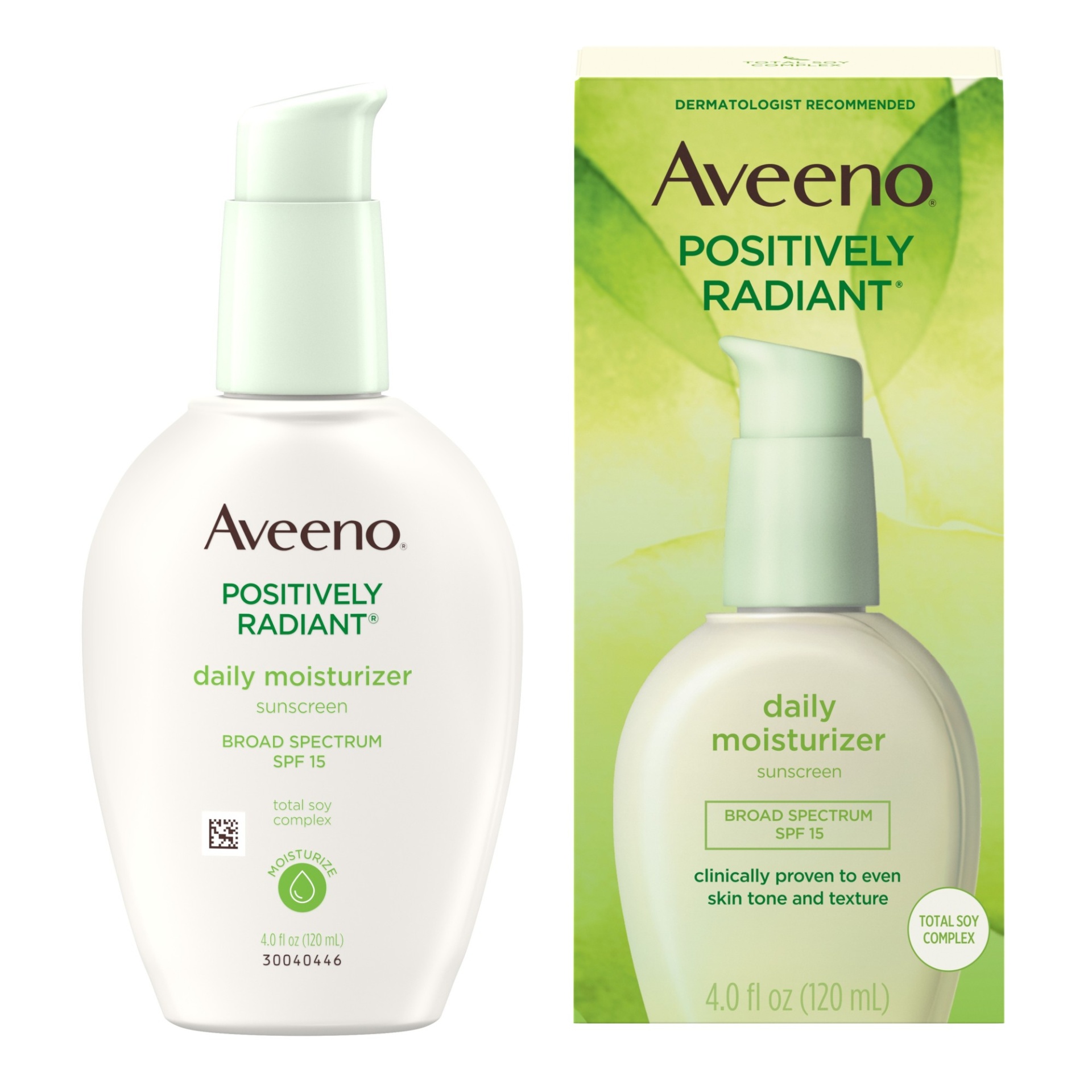slide 1 of 6, Aveeno Positively Radiant Daily Facial Moisturizer with Broad Spectrum SPF 15 Sunscreen & Total Soy Complex for Even Tone & Texture, Hypoallergenic, Oil-Free & Non-Comedogenic, 4 oz