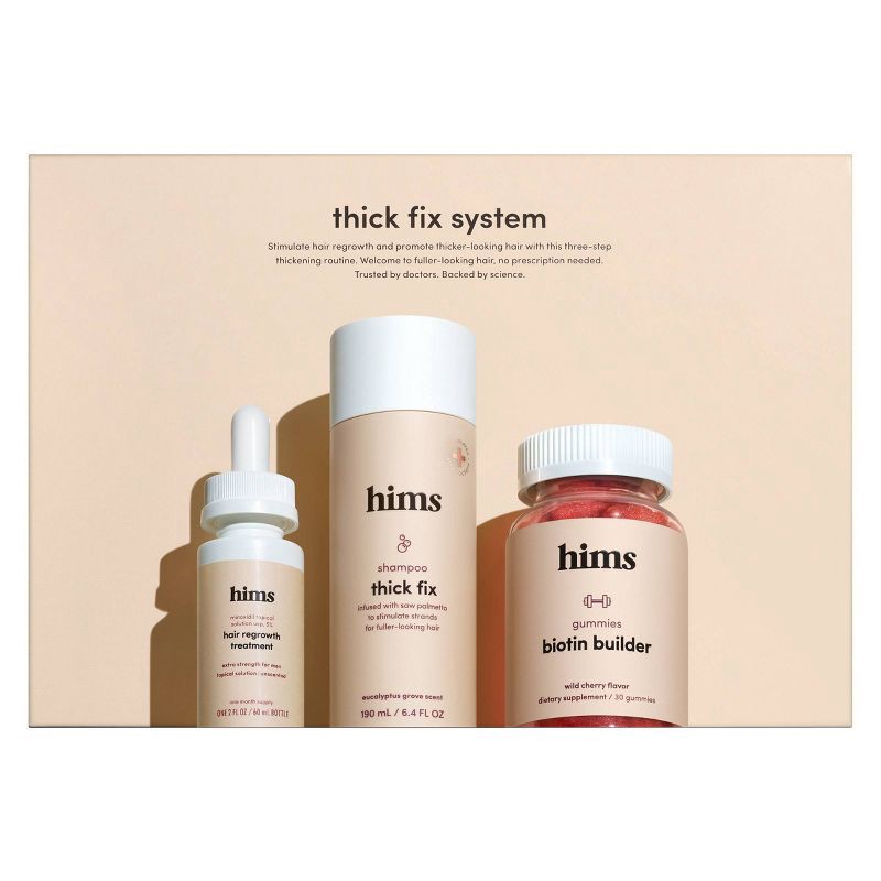slide 1 of 5, hims thick fix system - Total Hair Package to Supports Hair Growth - Shampoo + Gummy Vitamins + Minoxidil 5%, 1 ct