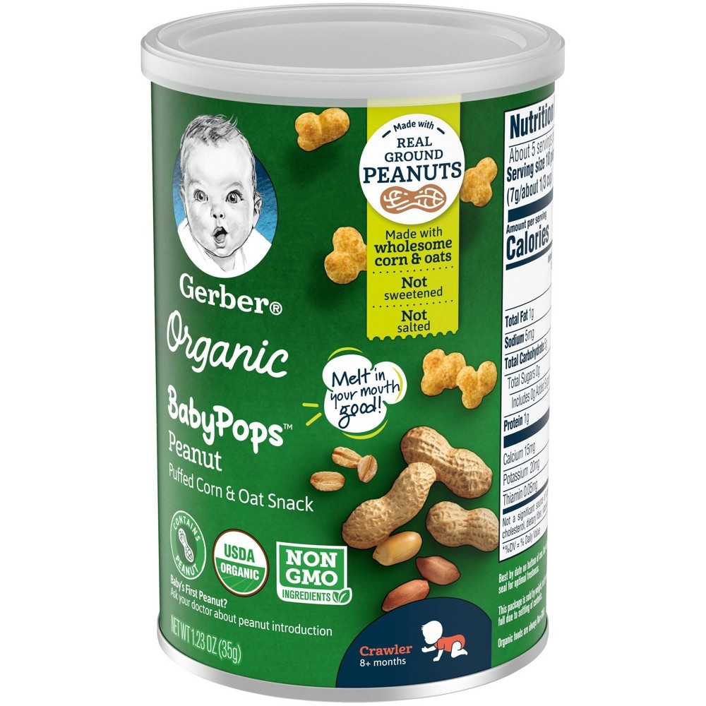 slide 2 of 8, Gerber Organic BabyPops Peanut Puffed Corn & Oat Baby Snacks - 1.23oz, 1.23 oz