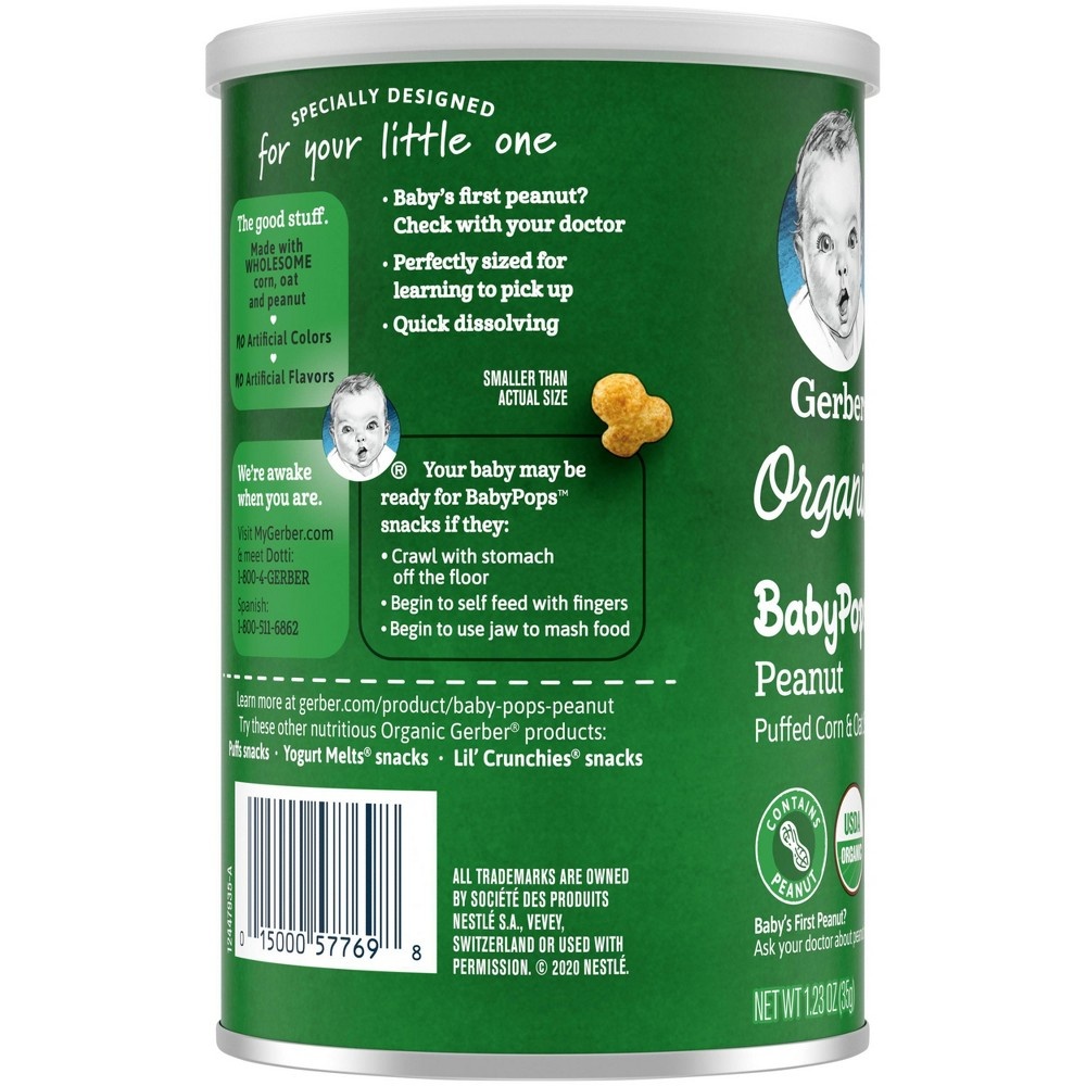 slide 4 of 8, Gerber Organic BabyPops Peanut Puffed Corn & Oat Baby Snacks - 1.23oz, 1.23 oz