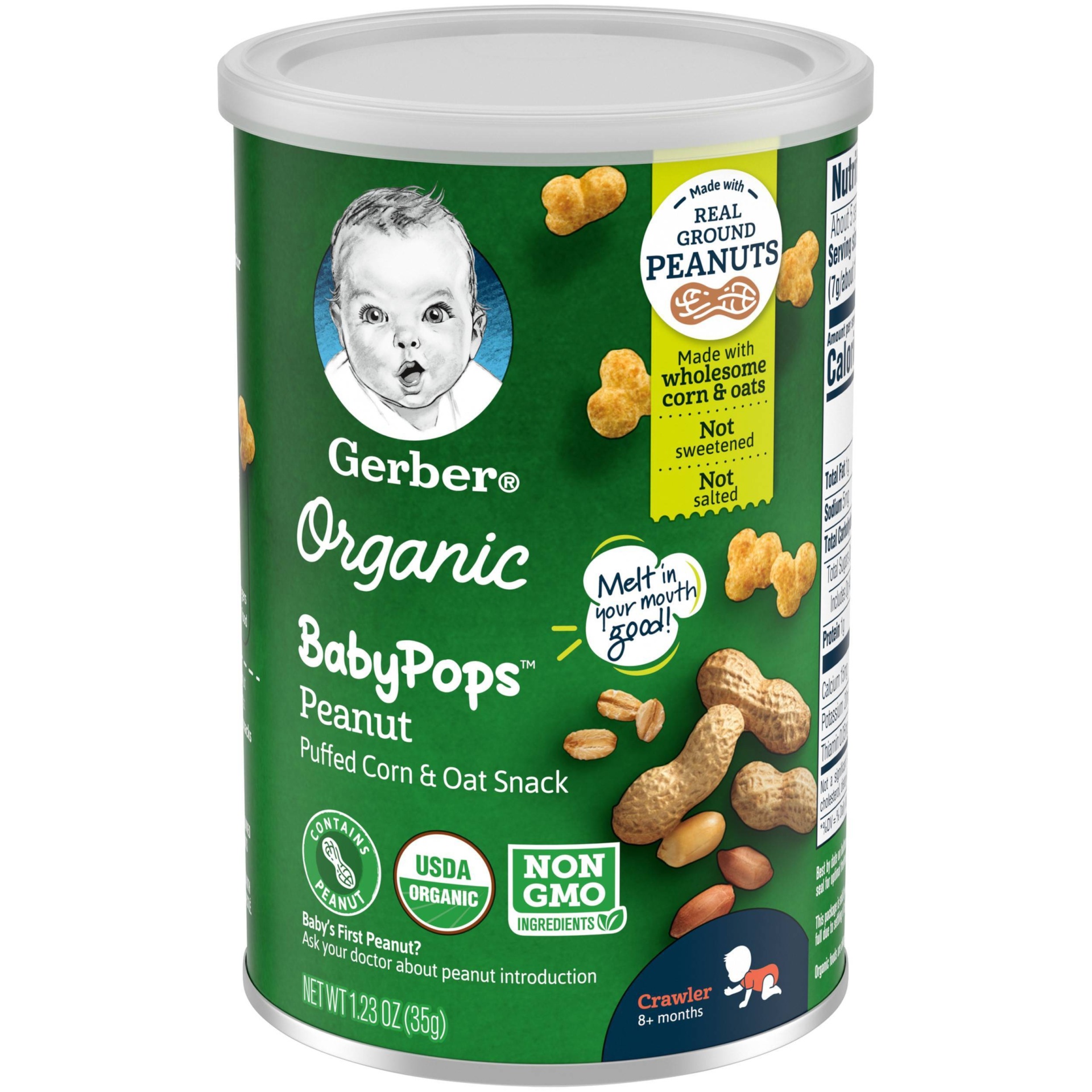 slide 1 of 8, Gerber Organic BabyPops Peanut Puffed Corn & Oat Baby Snacks - 1.23oz, 1.23 oz