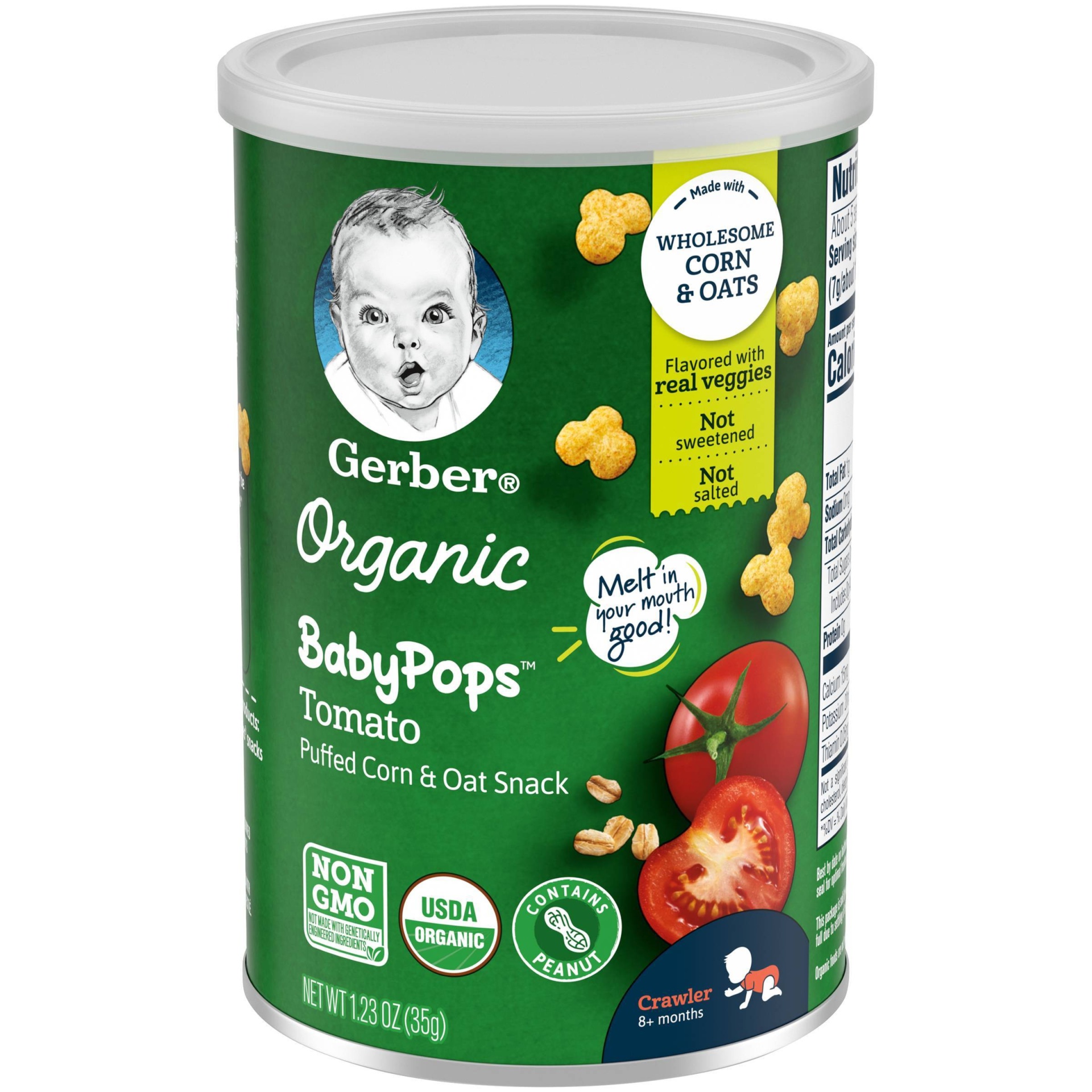 slide 1 of 7, Gerber Organic BabyPops Tomato Puffed Corn & Oat Baby Snacks, 1.23 oz