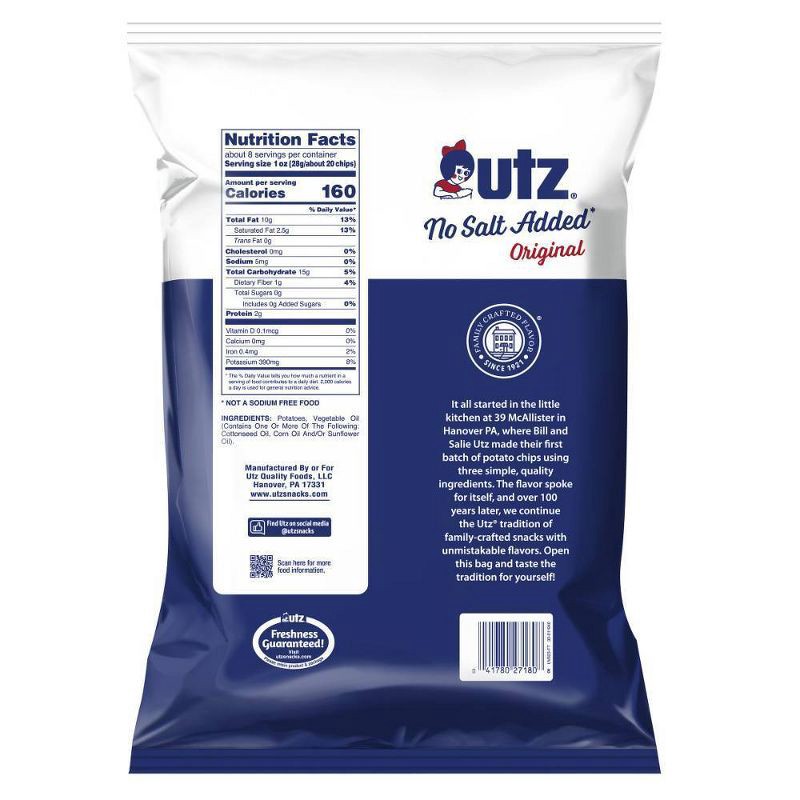 slide 2 of 6, Utz No Salt Added Original Potato Chips - 7.75oz, 9 oz