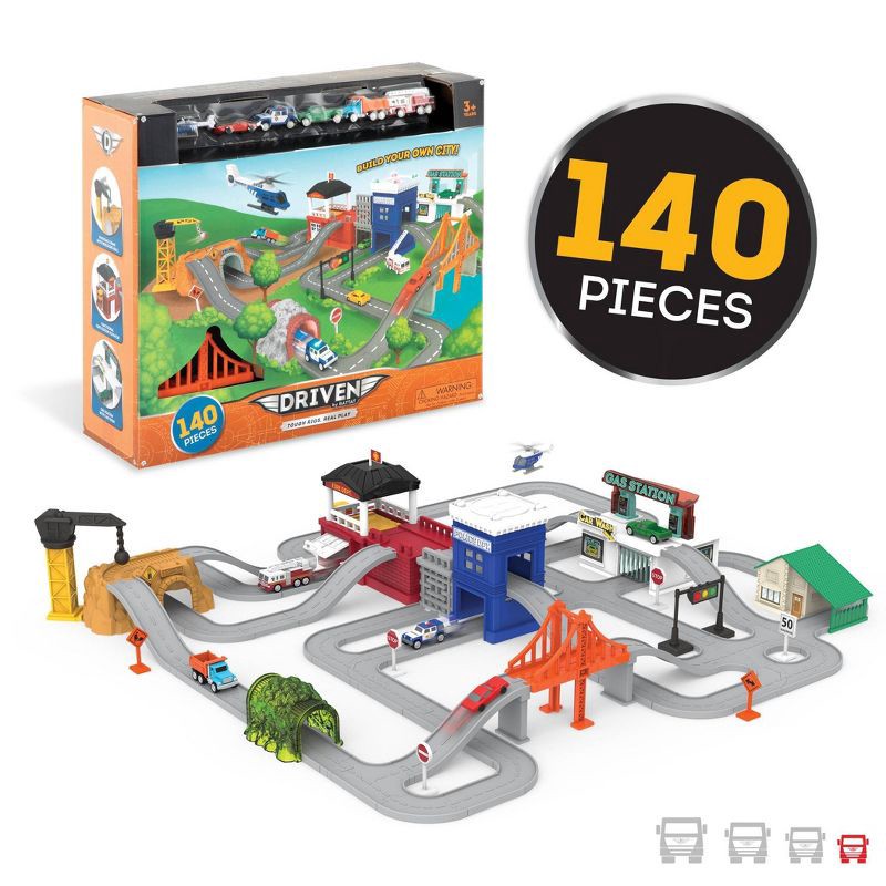 slide 6 of 8, DRIVEN by Battat – Truck Playset with Fire Station – Build-A-City - 140pc, 140 ct