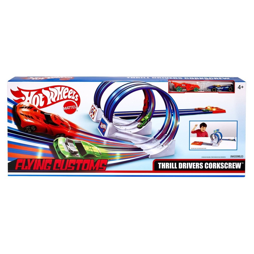 slide 6 of 6, Hot Wheels Flying Customs Thrill Drivers Corkscrew Trackset, 1 ct