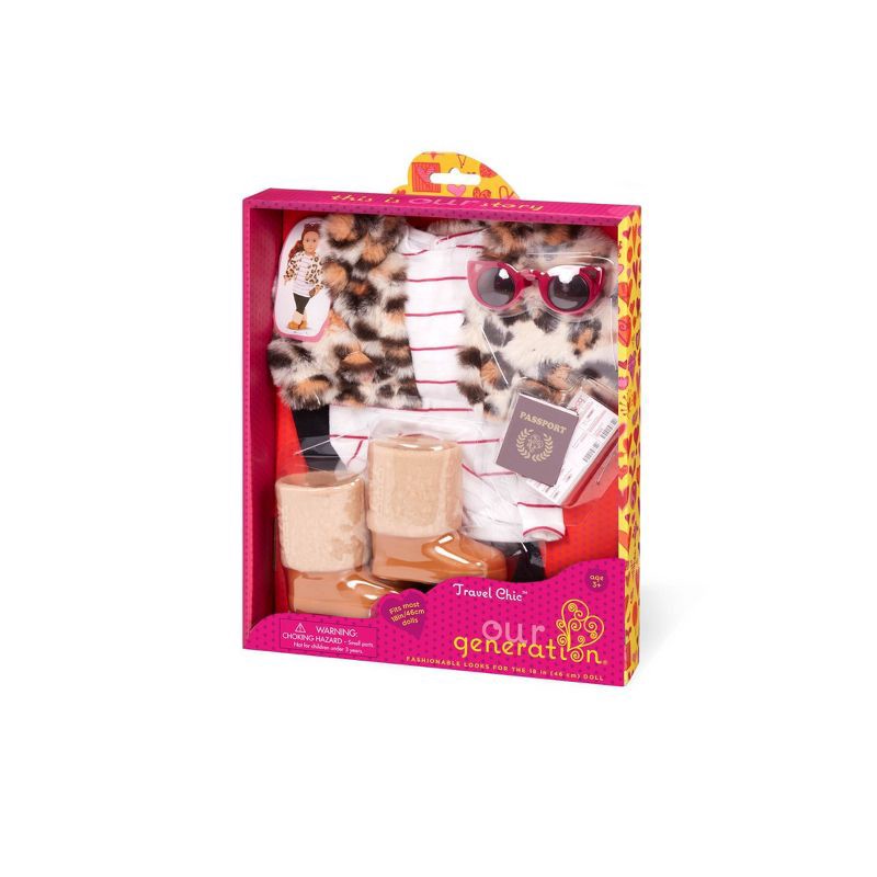 slide 4 of 4, Our Generation Fashion Outfit for 18" Dolls - Travel Chic: Doll Clothing & Accessories, 8 Pieces, Plastic & Polyester, 8 ct