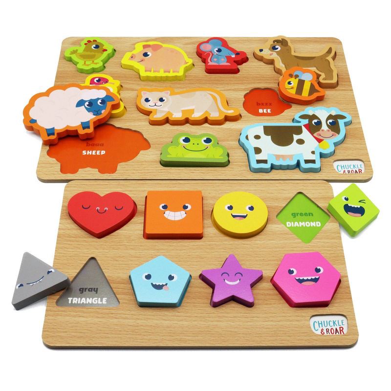 slide 1 of 7, Chuckle & Roar Shapes & Animals Learning Kids Puzzles 2pk, 2 ct