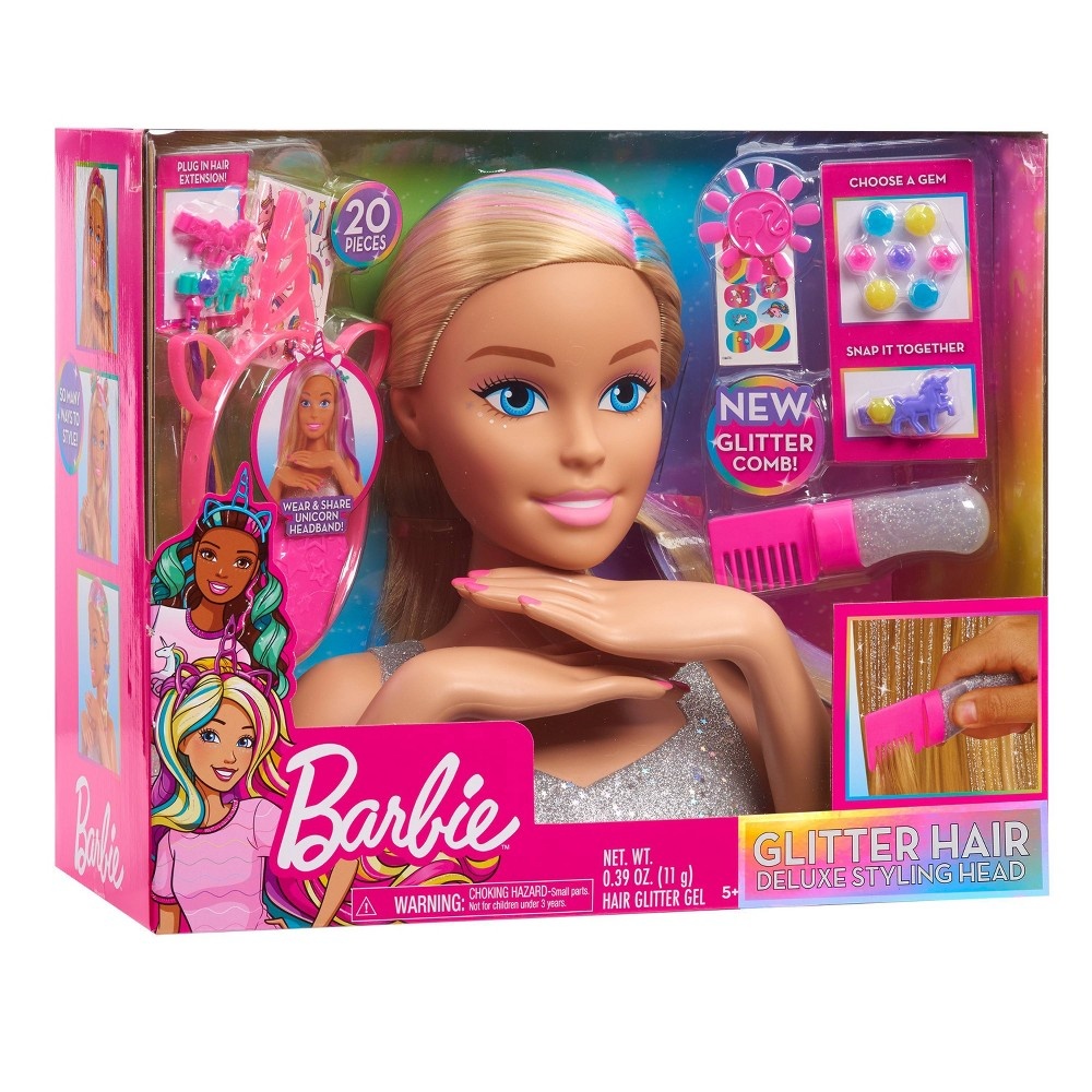 slide 6 of 7, Barbie Deluxe Glitter and Go Styling Head, Blonde Hair, 20 ct