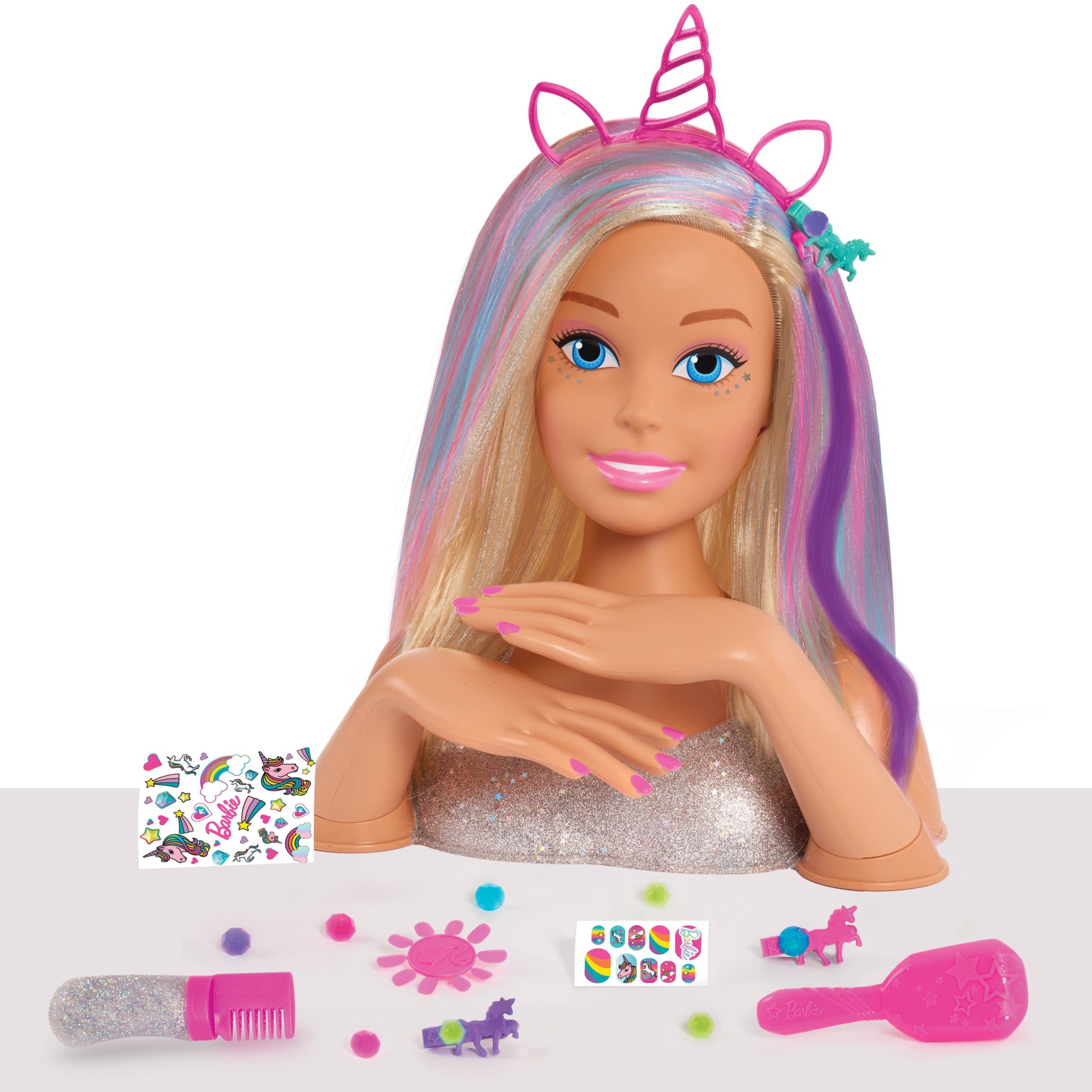 slide 1 of 7, Barbie Deluxe Glitter and Go Styling Head, Blonde Hair, 20 ct