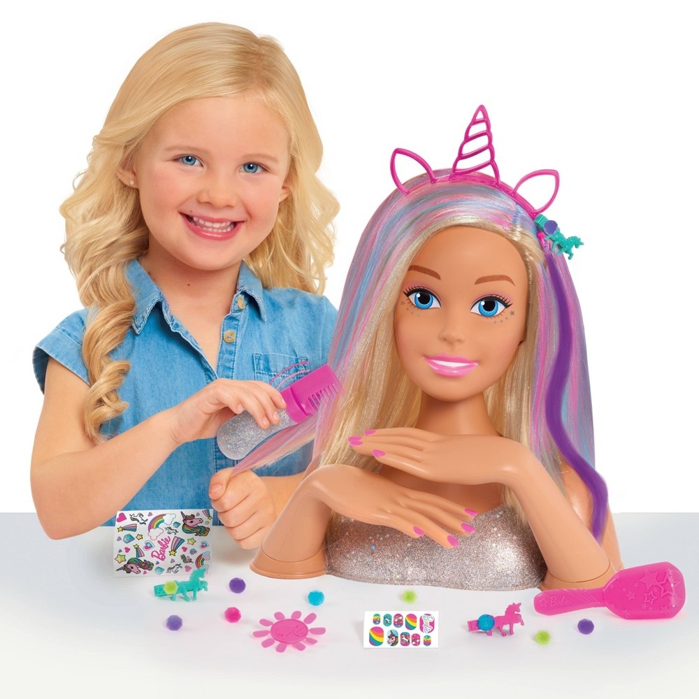 slide 7 of 7, Barbie Deluxe Glitter and Go Styling Head, Blonde Hair, 20 ct