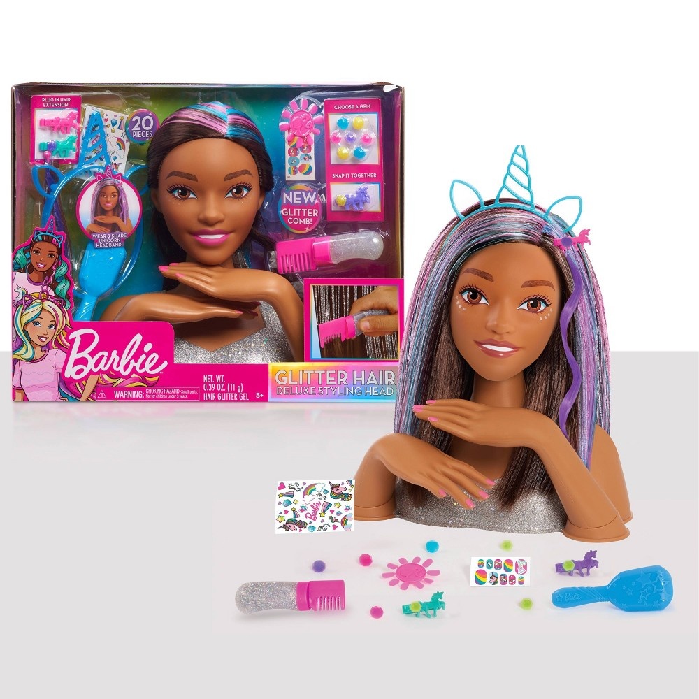 slide 2 of 9, Barbie Deluxe Glitter and Go Styling Head, Brown Hair, 20 ct