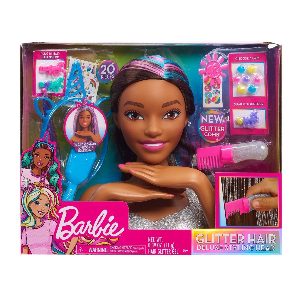 slide 6 of 9, Barbie Deluxe Glitter and Go Styling Head, Brown Hair, 20 ct