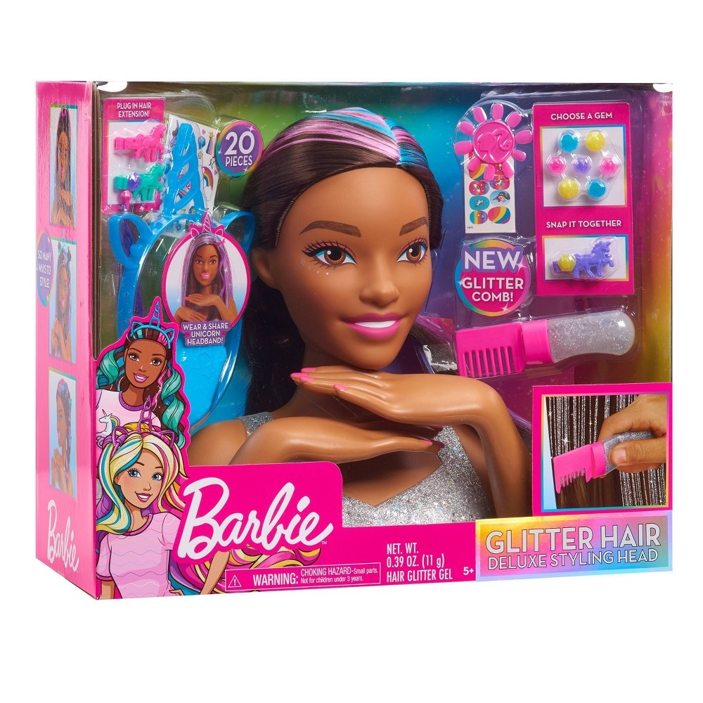 slide 8 of 9, Barbie Deluxe Glitter and Go Styling Head, Brown Hair, 20 ct