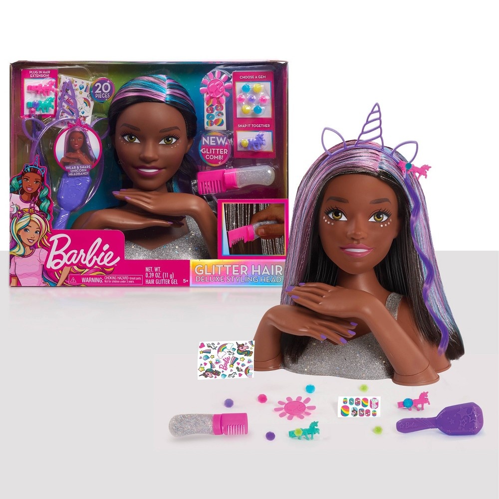 slide 2 of 9, Barbie Deluxe Glitter and Go Styling Head, Black Hair, 20 ct