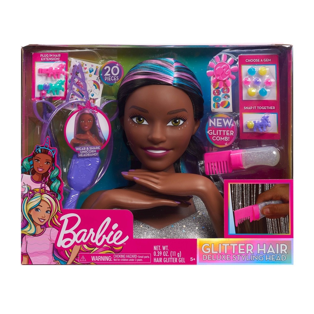 slide 5 of 9, Barbie Deluxe Glitter and Go Styling Head, Black Hair, 20 ct