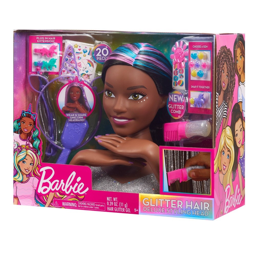 slide 7 of 9, Barbie Deluxe Glitter and Go Styling Head, Black Hair, 20 ct