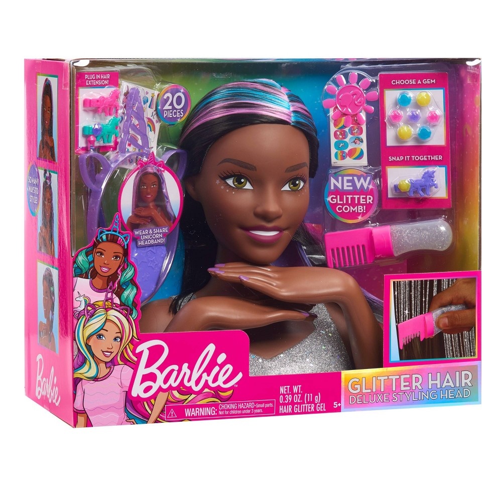 slide 8 of 9, Barbie Deluxe Glitter and Go Styling Head, Black Hair, 20 ct