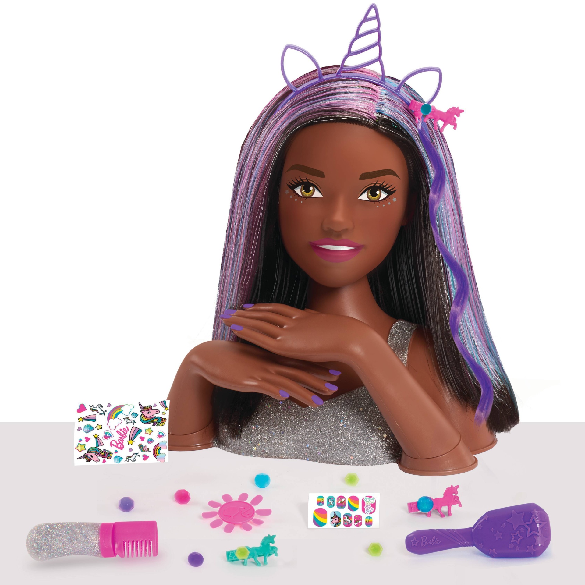 slide 1 of 9, Barbie Deluxe Glitter and Go Styling Head, Black Hair, 20 ct