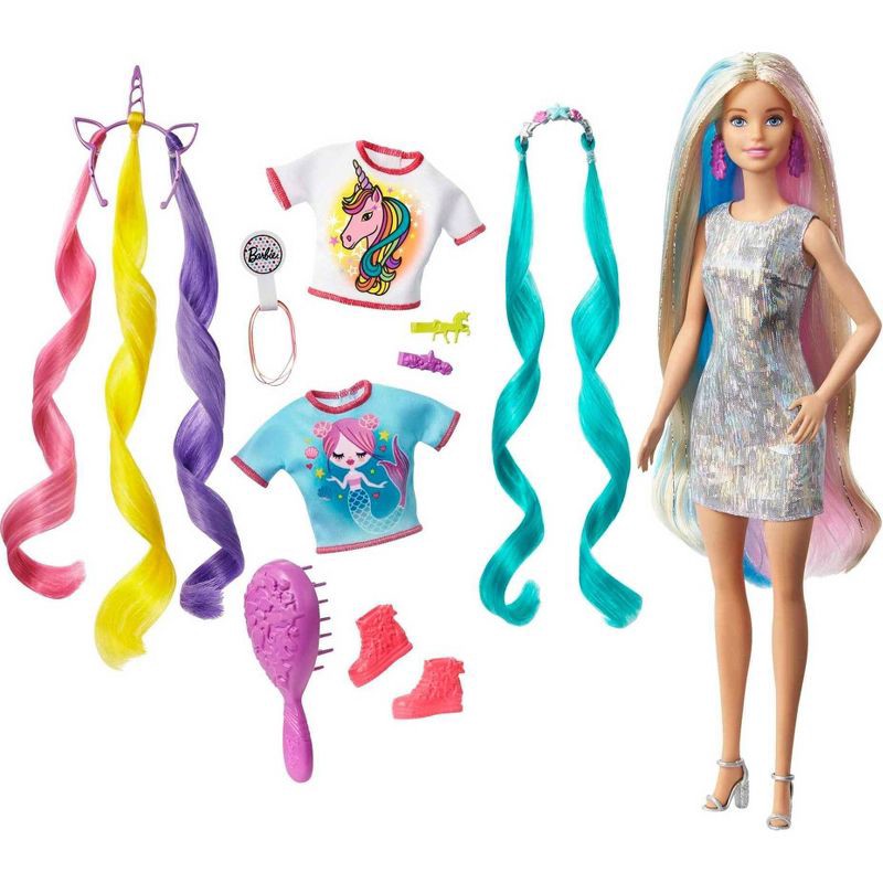 slide 1 of 6, Barbie Fantasy Hair Doll with Mermaid & Unicorn Looks, 1 ct