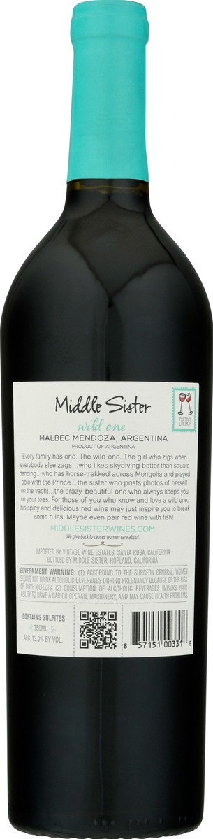 slide 5 of 10, Middle Sister Wines Non-Vintage Wild One Malbec, California, 750ml, 750 ml