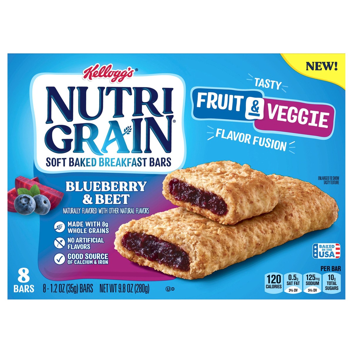 slide 1 of 9, Nutri-Grain Fruit and Veggie Soft Baked Breakfast Bars, Blueberry and Beet, 9.8 oz, 8 Count, 9.8 oz