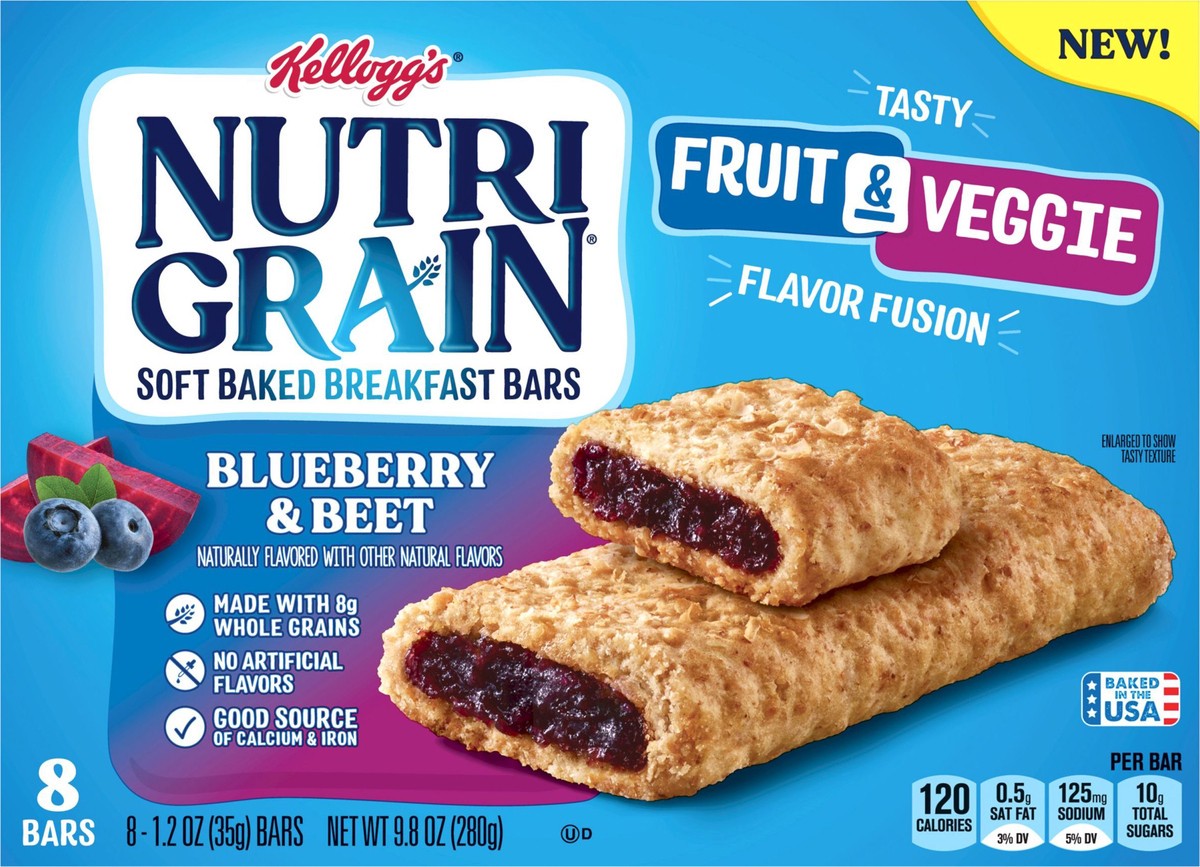 slide 7 of 9, Nutri-Grain Fruit and Veggie Soft Baked Breakfast Bars, Blueberry and Beet, 9.8 oz, 8 Count, 9.8 oz