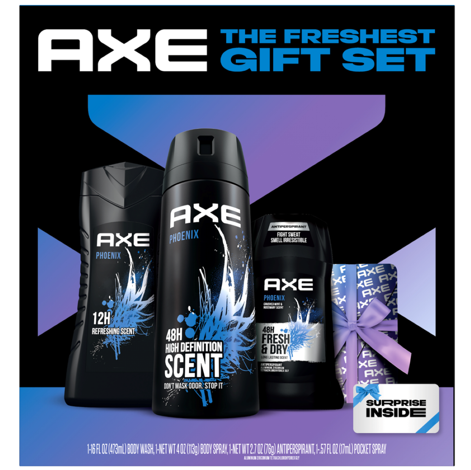 slide 1 of 4, Axe Freshest Holiday Gift Set: Body Wash, Body Spray, Antiperspirant Deodo For Long-Lasting Protection & Irresistible Fragrance, Phoenix Mint & Rosemary With 12h Refreshing Scent & 48h Dryness, 4 Ct, 1 ct