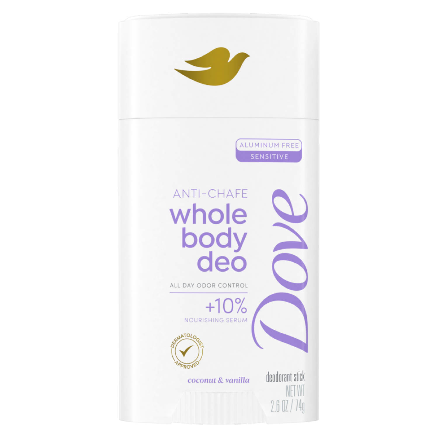slide 2 of 6, Dove Whole Body Deo Aluminum Free Anti-friction Deodorant Stick Coconut + Vanilla, 2.6 oz