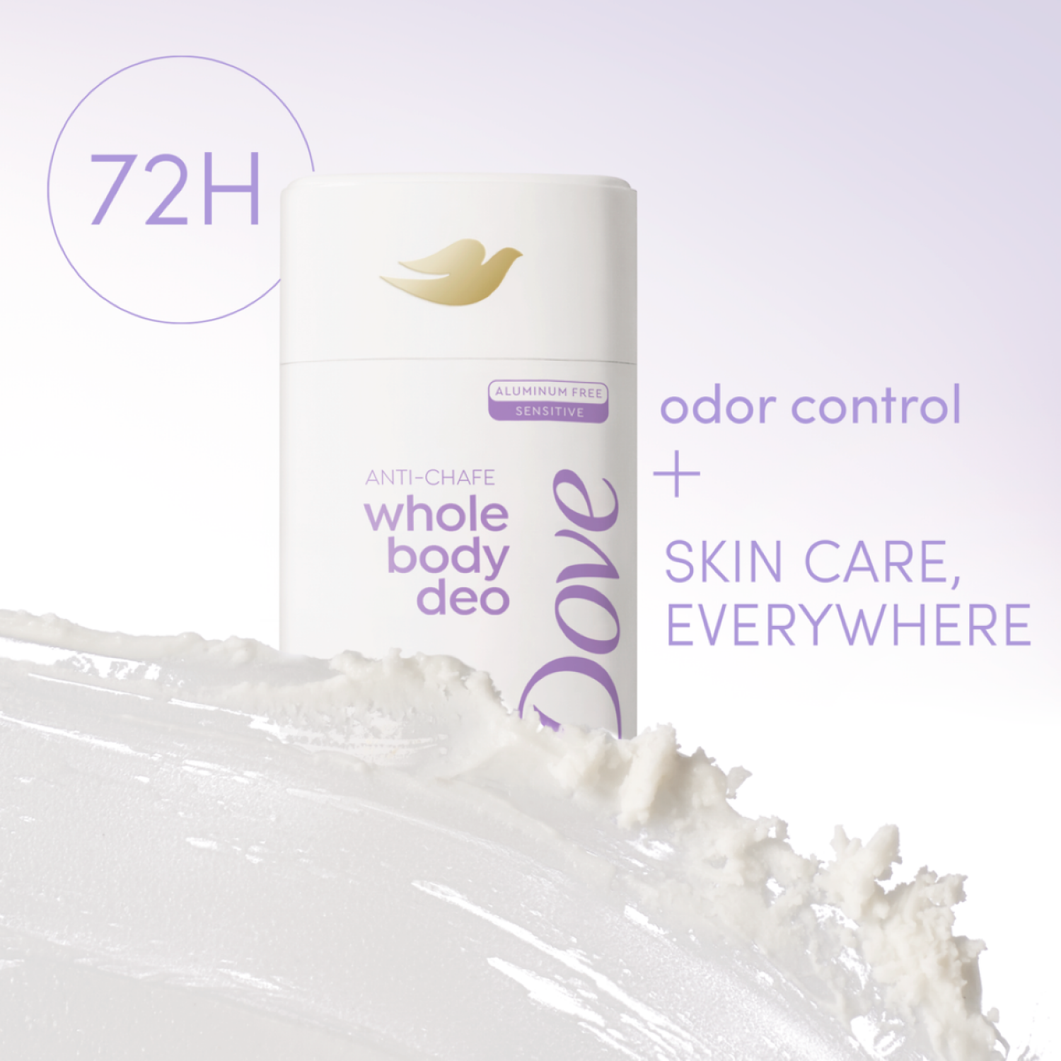 slide 3 of 6, Dove Whole Body Deo Aluminum Free Anti-friction Deodorant Stick Coconut + Vanilla, 2.6 oz
