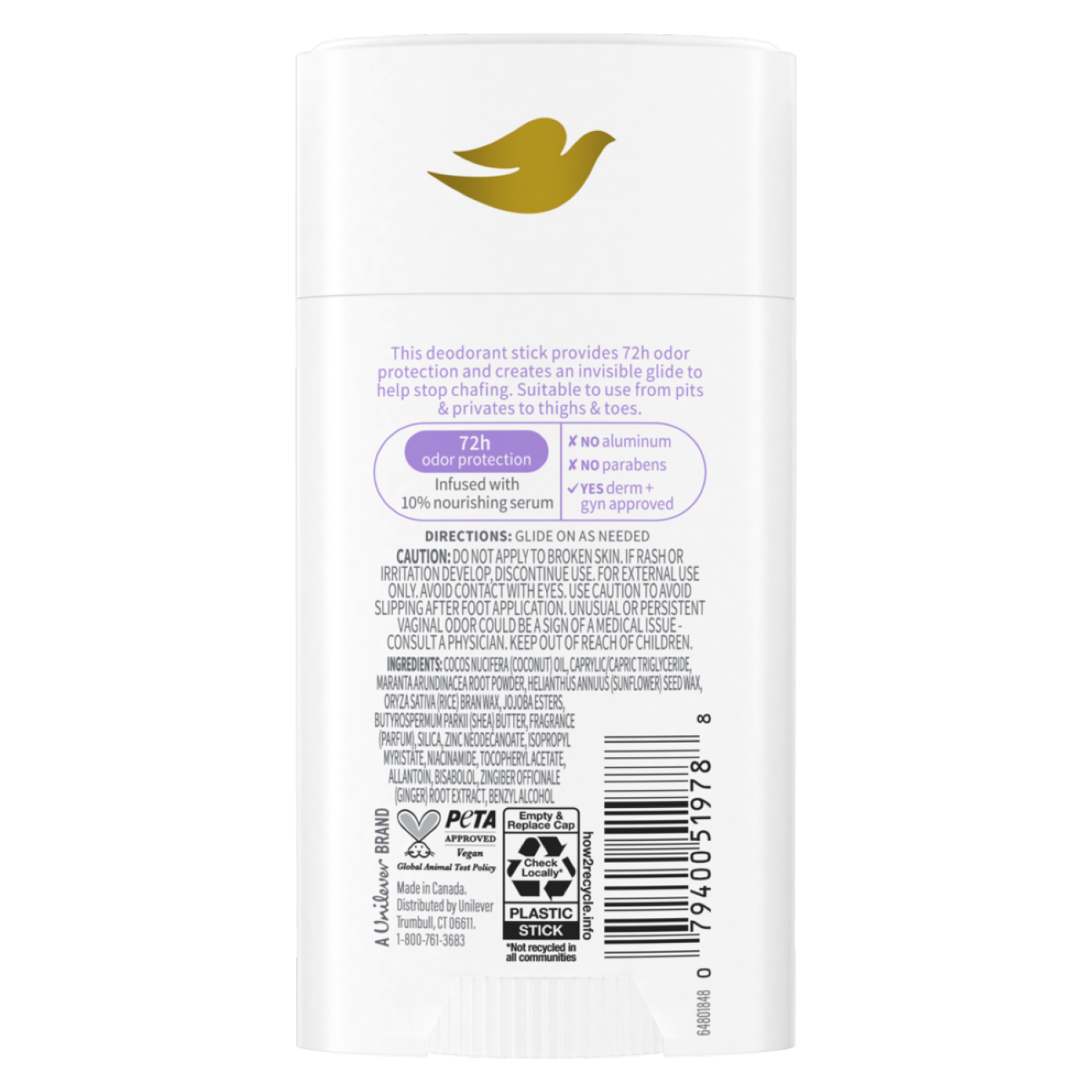slide 4 of 6, Dove Whole Body Deo Aluminum Free Anti-friction Deodorant Stick Coconut + Vanilla, 2.6 oz