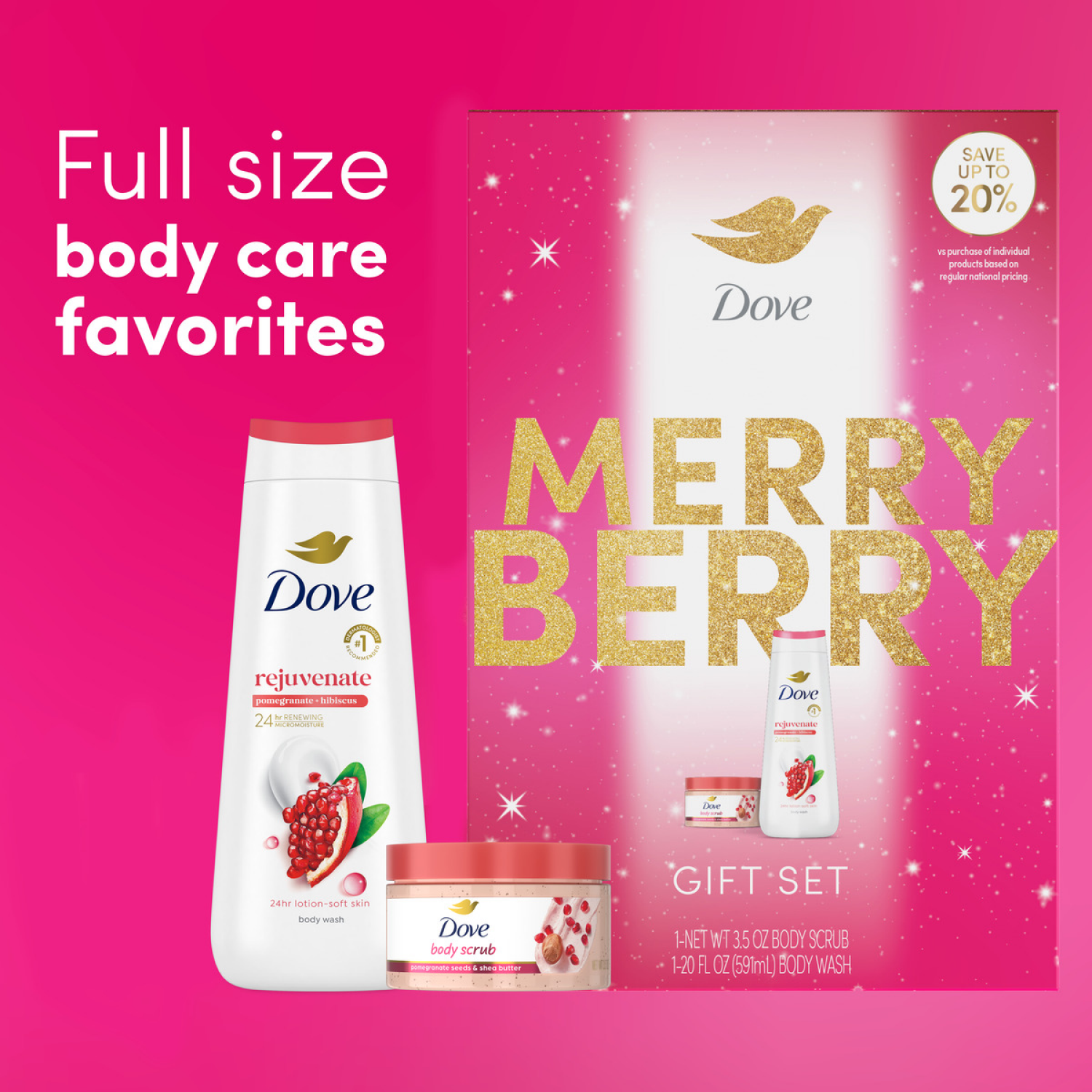 slide 3 of 6, Dove Limited Edition Merry Berry Set, Pomegranate & Hibiscus Bodywash & Body Scrub, 2 Count, 2 ct