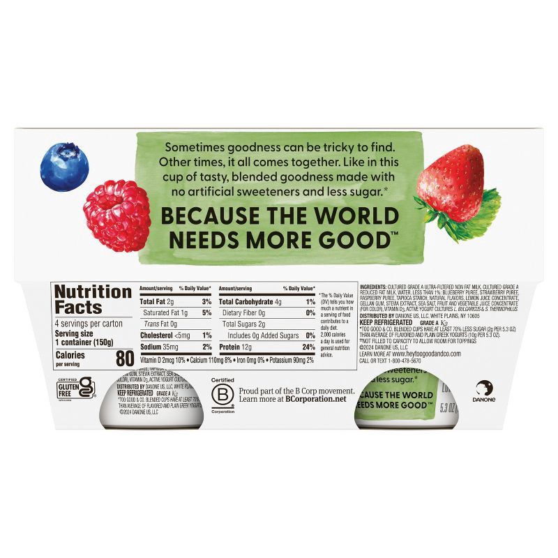 slide 7 of 7, Too Good & Co. Low Fat Lower Sugar Mixed Berry Greek Yogurt - 12g Protein 4ct/5.3oz Cups, 12 gram, 4 ct, 5.3 oz