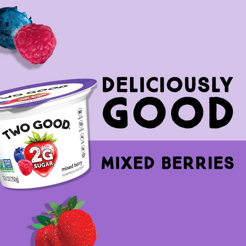 slide 10 of 11, TWO GOOD Too Good Low Fat Lower Sugar Mixed Berry Greek Yogurt - 4ct/5.3oz Cups, 4 ct; 5.3 oz