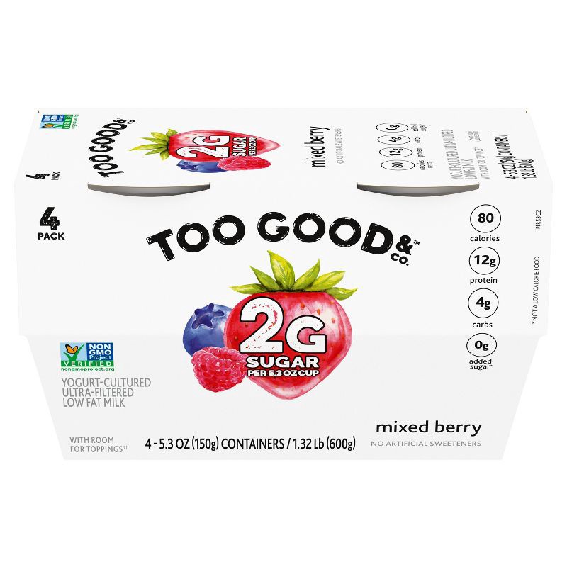 slide 1 of 11, TWO GOOD Too Good Low Fat Lower Sugar Mixed Berry Greek Yogurt - 4ct/5.3oz Cups, 4 ct; 5.3 oz