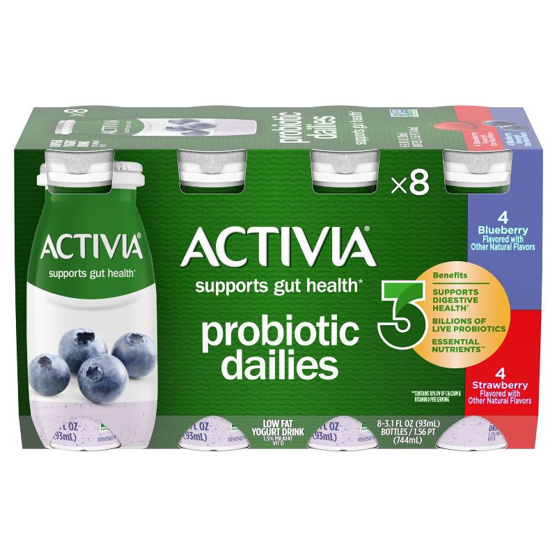 slide 2 of 15, Activia Probiotic Dailies Strawberry & Blueberry Yogurt Drink - 8ct/3.1 fl oz Bottles, 8 ct; 3.1 fl oz