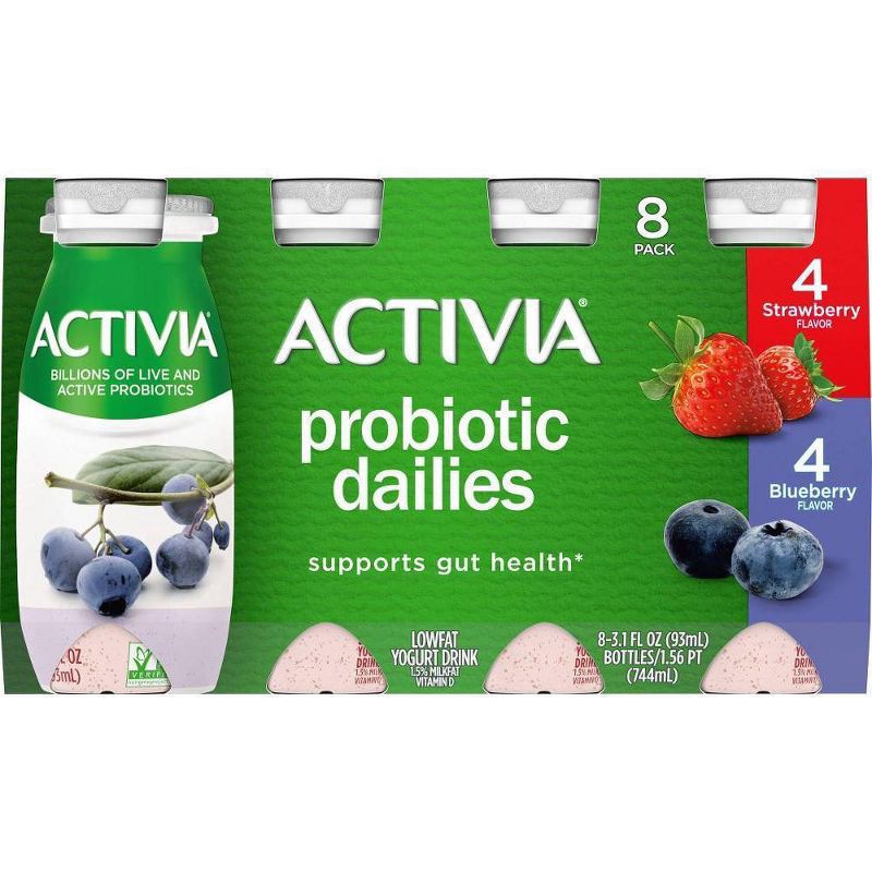 slide 8 of 19, Activia Probiotic Dailies Strawberry & Blueberry Yogurt Drink - 8ct/3.1 fl oz Bottles, 8 ct; 3.1 fl oz