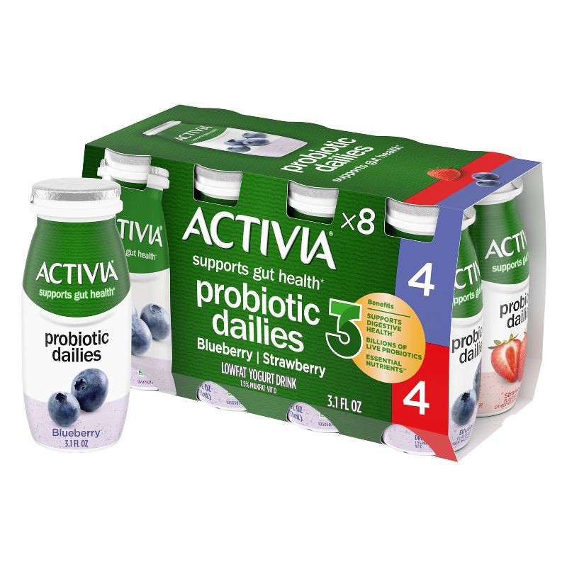 slide 1 of 19, Activia Probiotic Dailies Strawberry & Blueberry Yogurt Drink - 8ct/3.1 fl oz Bottles, 8 ct; 3.1 fl oz