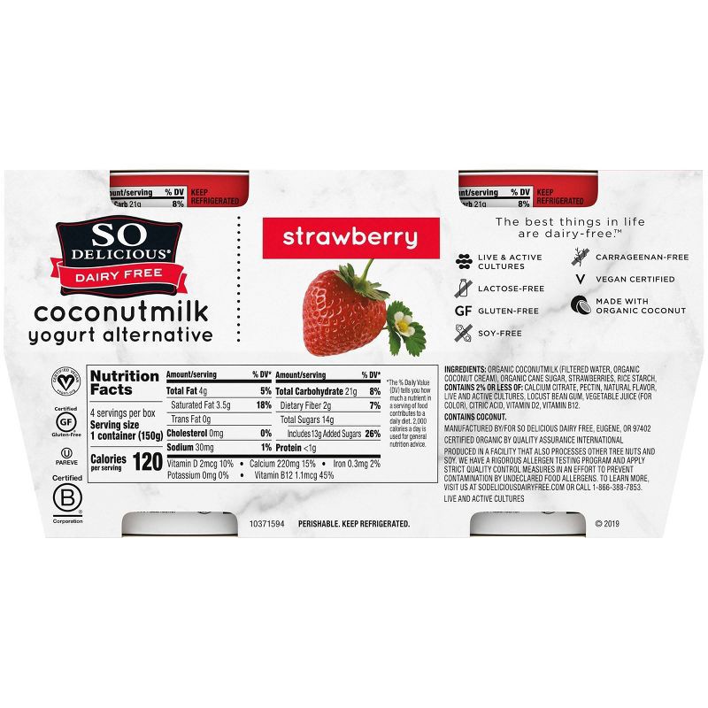 slide 9 of 9, So Delicious Dairy Free Strawberry Coconut Milk Yogurt - 4ct/5.3oz Cups, 4 ct; 5.3 oz