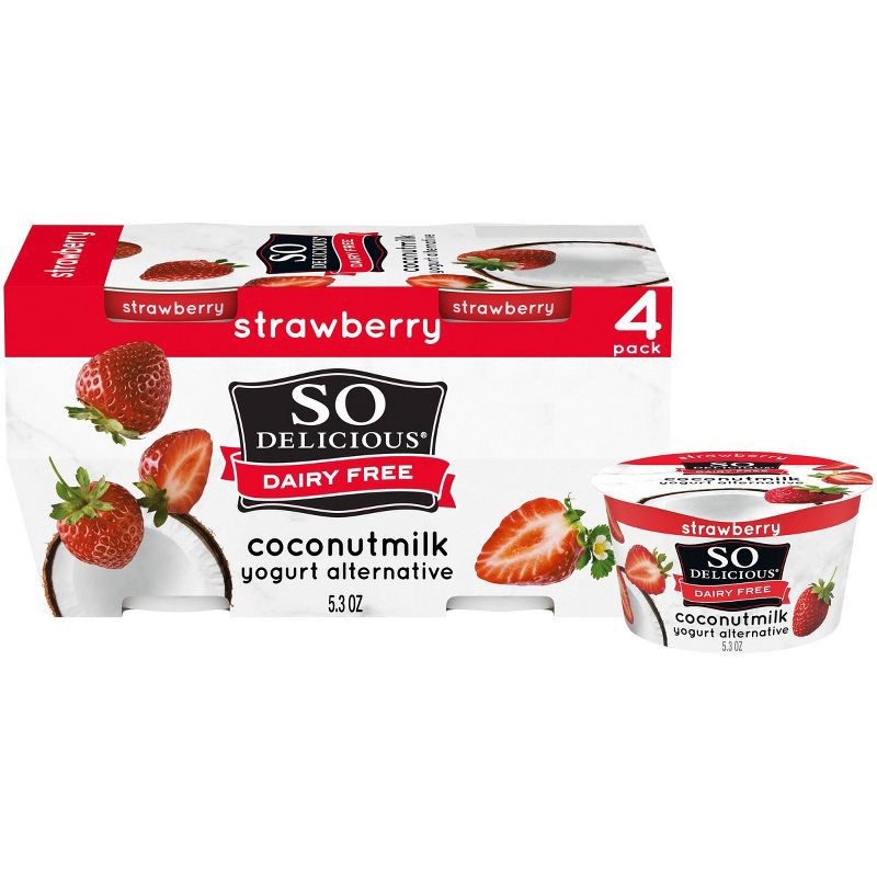 slide 1 of 9, So Delicious Dairy Free Strawberry Coconut Milk Yogurt - 4ct/5.3oz Cups, 4 ct; 5.3 oz